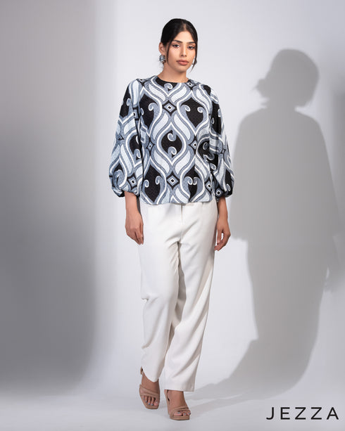 Ethereal Drift: Crinkle Brocade Satin Printed Top 75381